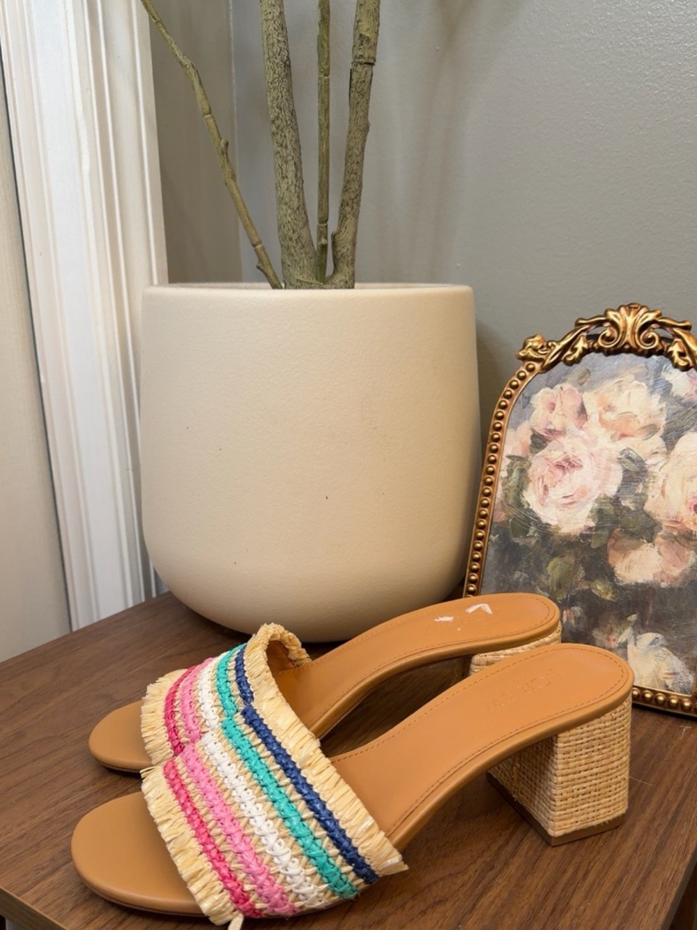 J.Crew Rainbow Raffia Woven Mule Sandals Block Heel Boho Size 7 - Picture 2 of 8